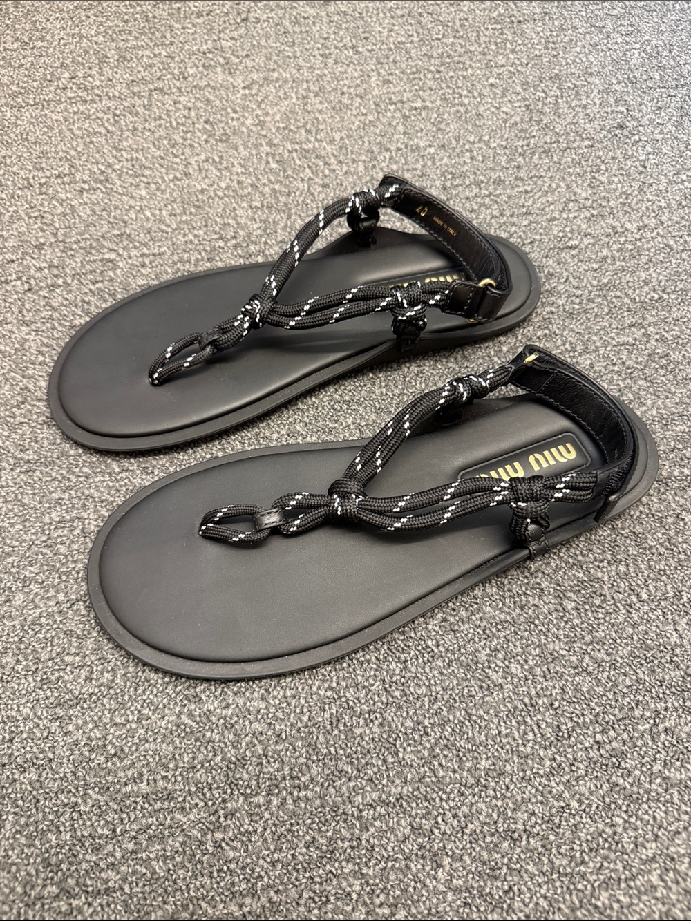 Miu Miu Riviere Cord & Leather Sandals in Black